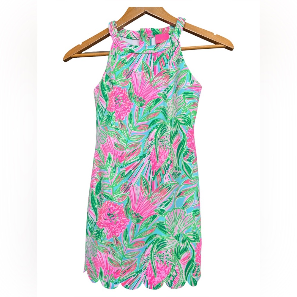 Lilly Pulitzer Sleeveless Pink & Green Floral Dress with scalloped hem- Youth 8